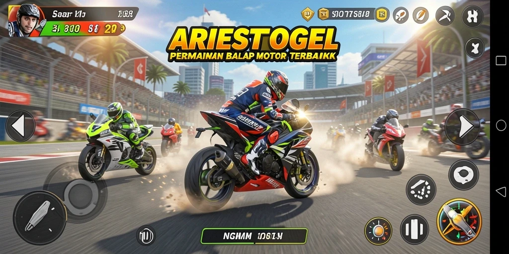 Screenshot gameplay ARIESTOGEL dengan aksi balap motor yang mendebarkan.
