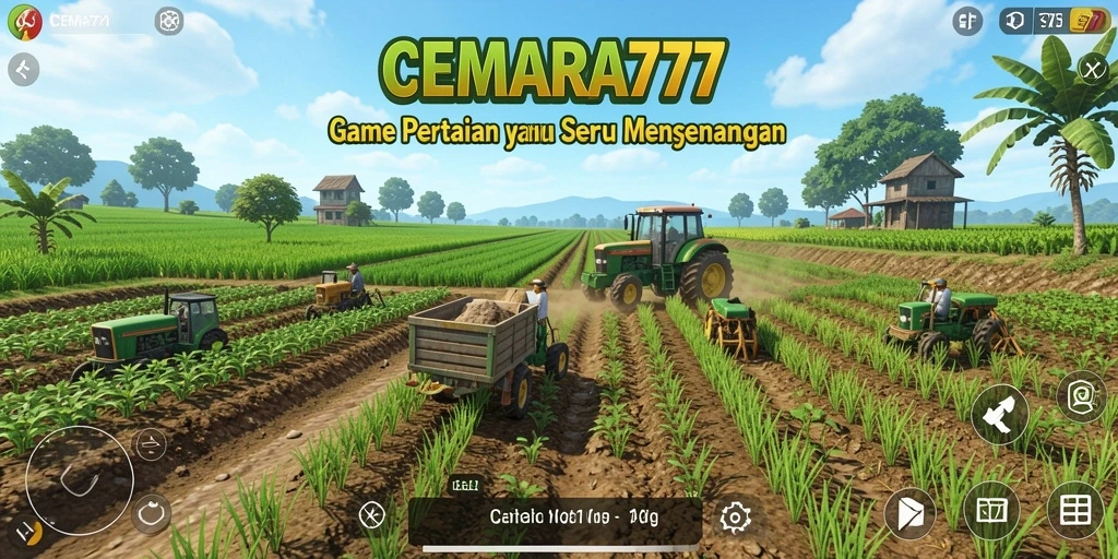 Tampilan gameplay CEMARA777 menampilkan ladang yang hijau dan aktivitas bertani.