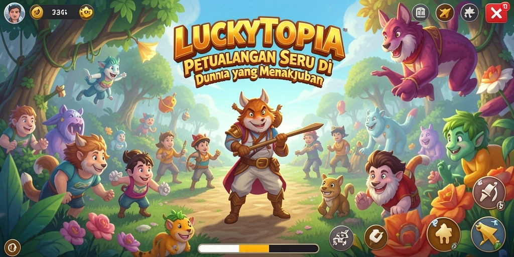 Tangkapan layar gameplay seru di LUCKYTOPIA yang menampilkan eksplorasi dunia petualangan.