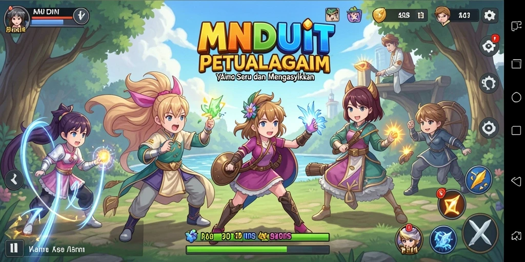 Tampilan gameplay MNDUIT yang menampilkan karakter anime dan petualangan seru.